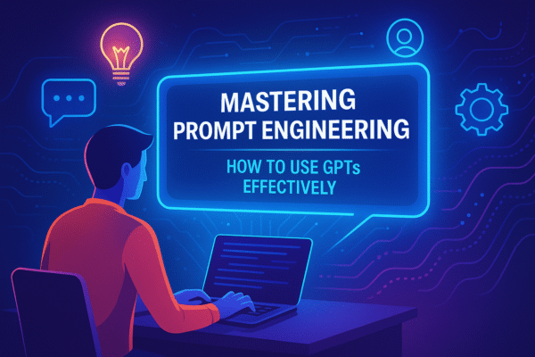 Person using a laptop with a glowing holographic interface displaying the text ‘Mastering Prompt Engineering: How to Use GPTs Effectively’, symbolizing AI communication and digital innovation.