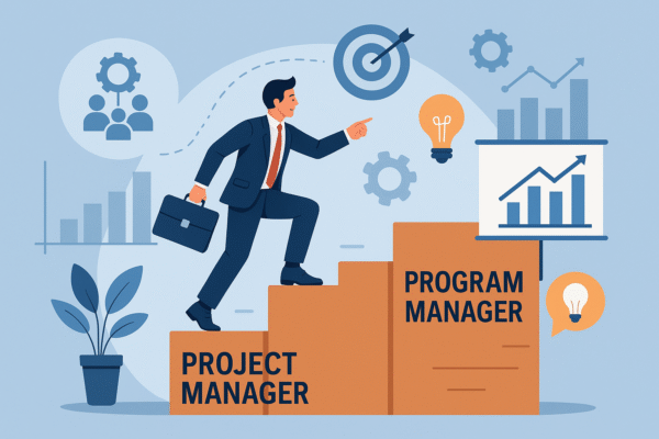 Professional man in a suit climbing steps labeled ‘Project Manager’ and ‘Program Manager’, symbolizing career growth, leadership, and transition from project management to program management with icons of charts, teamwork, and innovation in the background.