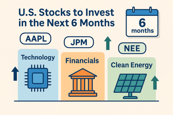 Infographic showing U.S. stocks to invest in over the next 6 months, highlighting Apple (AAPL) for Technology, JPMorgan (JPM) for Financials, and NextEra Energy (NEE) for Clean Energy, with a calendar icon and upward arrows symbolizing growth