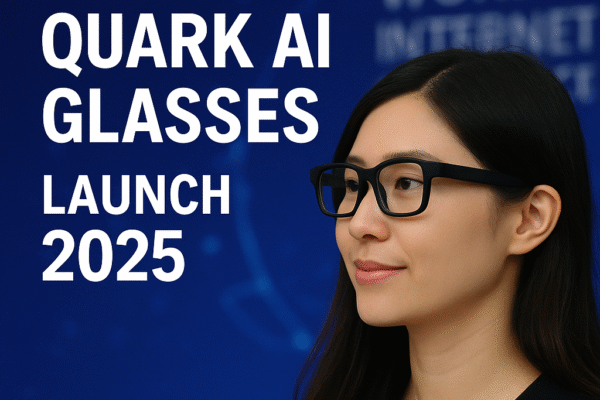 Woman wearing Alibaba’s Quark AI glasses at the World Internet Conference, showcasing black-frame AI-powered smart eyewear.