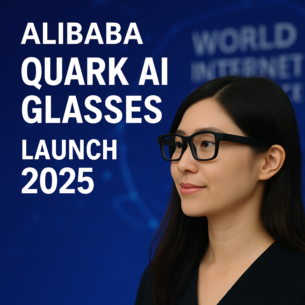 Woman wearing Alibaba’s Quark AI glasses at the World Internet Conference, showcasing black-frame AI-powered smart eyewear.
