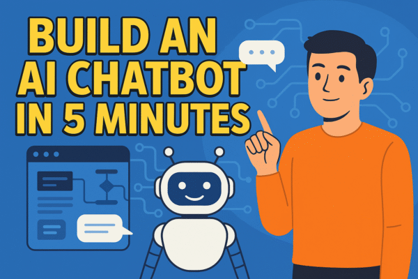 “Illustration of a person with a friendly robot and UI diagram promoting how to build an AI chatbot in 5 minutes