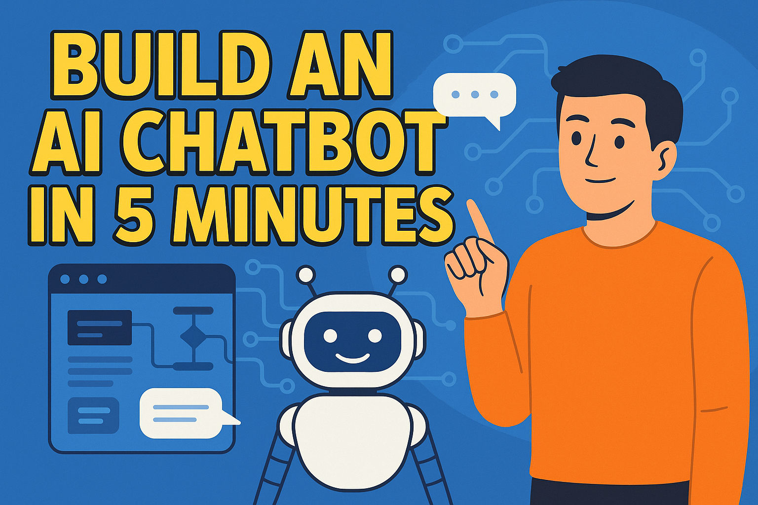 “Illustration of a person with a friendly robot and UI diagram promoting how to build an AI chatbot in 5 minutes