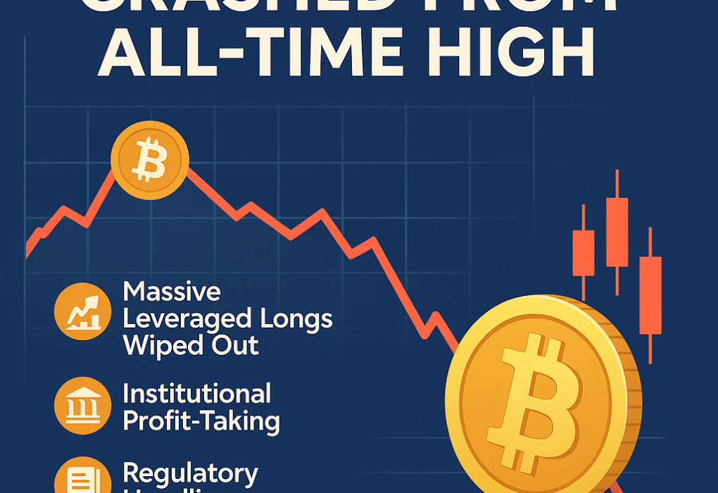 Infographic showing reasons why Bitcoin crashed from its all-time high, including leveraged liquidations, institutional profit-taking, regulatory fears, and ETF outflows