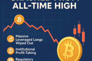 Infographic showing reasons why Bitcoin crashed from its all-time high, including leveraged liquidations, institutional profit-taking, regulatory fears, and ETF outflows