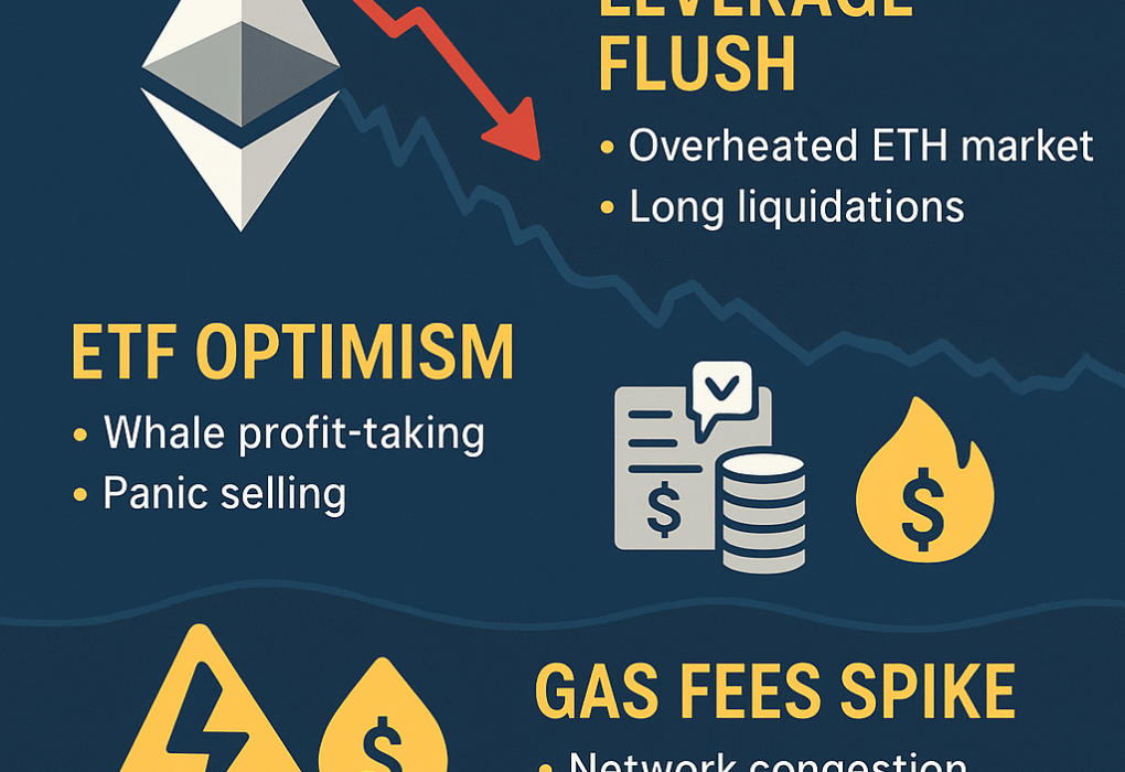 Infographic explaining why Ethereum crashed, showing ETH price drop, liquidations, profit-taking, gas fee spikes, and regulatory fear.