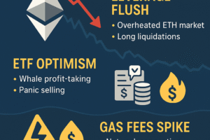 Infographic explaining why Ethereum crashed, showing ETH price drop, liquidations, profit-taking, gas fee spikes, and regulatory fear.