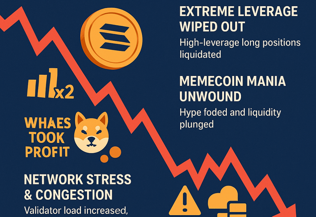 Infographic showing why Solana crashed, highlighting leverage wipeouts, memecoin unwinding, whale selling, and network congestion.