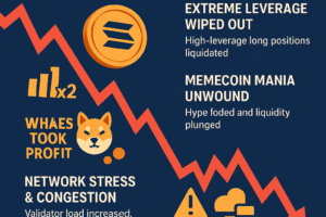 Infographic showing why Solana crashed, highlighting leverage wipeouts, memecoin unwinding, whale selling, and network congestion.