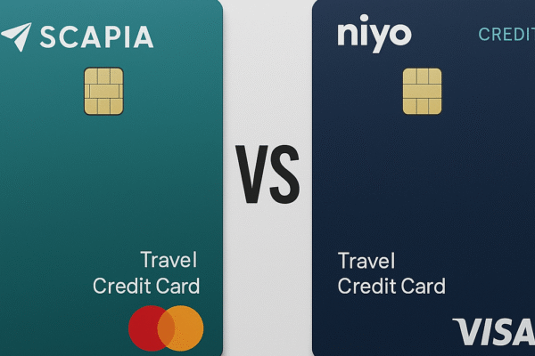 Comparison infographic of Scapia vs Niyo credit cards showing differences in rewards, forex charges, lounge access, fees, and features