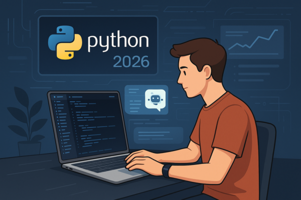 Beginner learning Python programming on a laptop with AI tools and code editor