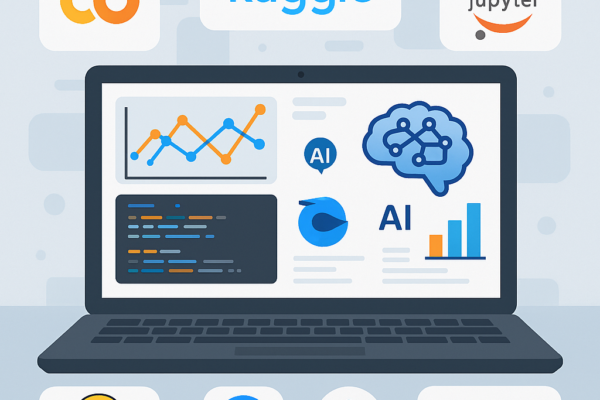 Laptop showing AI and data science tools with charts, code, and datasets