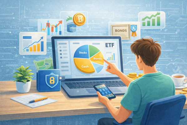 Beginner building an investment portfolio with charts, stocks, and diversified assets