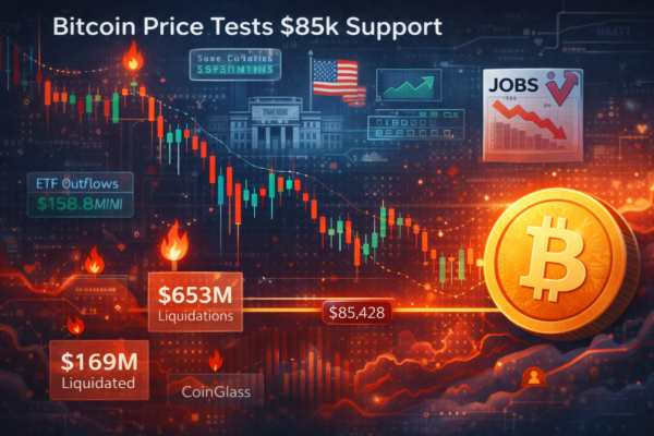 Bitcoin price chart testing $85,000 support with liquidation data and macro market signals