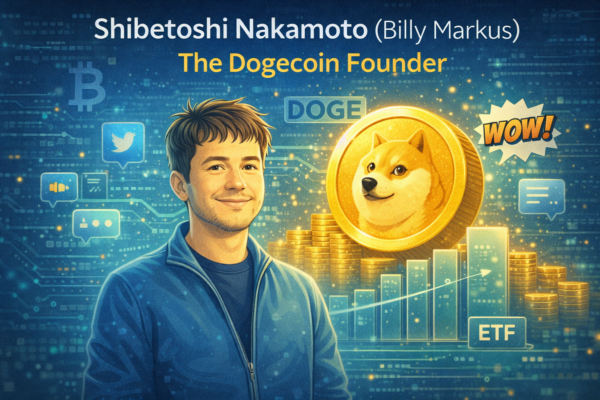 Illustration of Billy Markus, known as Shibetoshi Nakamoto, alongside the Dogecoin logo and crypto culture elements