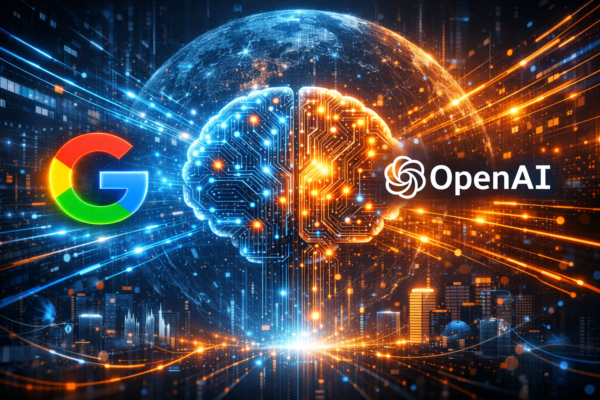 Illustration showing Google and OpenAI shaping the future of artificial intelligence