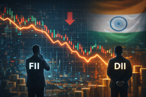 Illustration showing slowdown in FII and DII investments in Indian stock markets