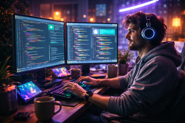 Developer coding in a relaxed flow state using AI tools