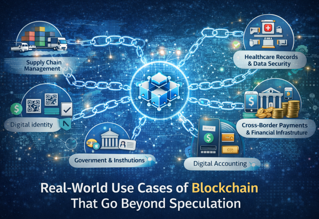 Illustration showing real-world blockchain use cases such as supply chain tracking, healthcare data security, digital identity, and cross-border payments connected through a blockchain network