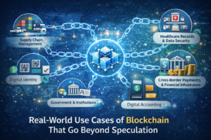 Illustration showing real-world blockchain use cases such as supply chain tracking, healthcare data security, digital identity, and cross-border payments connected through a blockchain network