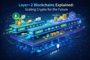 Illustration explaining Layer-2 blockchains with rollups and scaling networks built on top of a base blockchain to reduce fees and increase transaction speed
