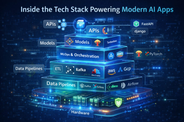 Illustration of the modern AI tech stack showing data pipelines, APIs, cloud infrastructure, machine learning models, and GPUs working together