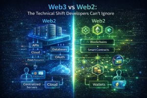 Illustration comparing Web2 and Web3 architectures, showing centralized servers, APIs, and databases versus decentralized blockchains, smart contracts, and wallet-based authentication
