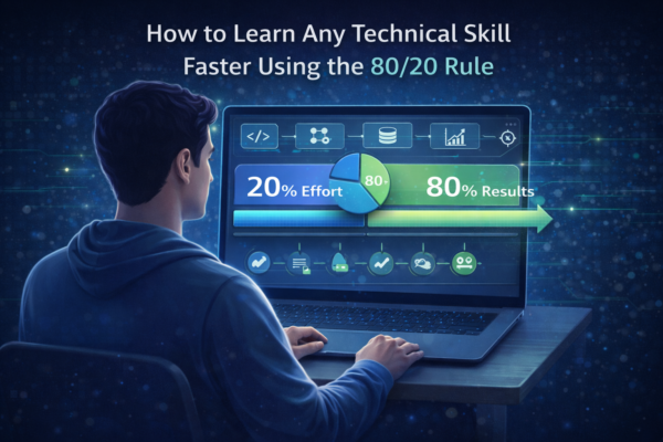 Illustration showing focused technical learning using the 80/20 rule, highlighting how a small set of key concepts leads to faster skill mastery