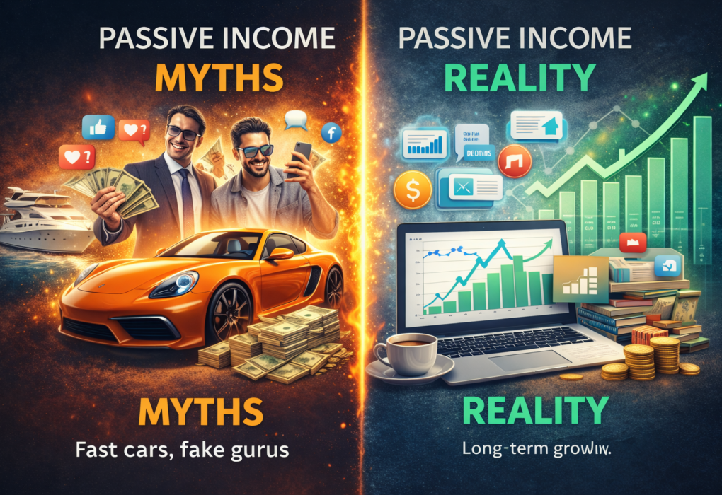 Split-screen illustration comparing passive income myths like luxury cars and fake gurus with the reality of long-term investing, online work, and steady financial growth in 2026