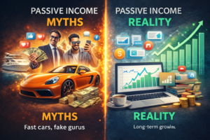 Split-screen illustration comparing passive income myths like luxury cars and fake gurus with the reality of long-term investing, online work, and steady financial growth in 2026