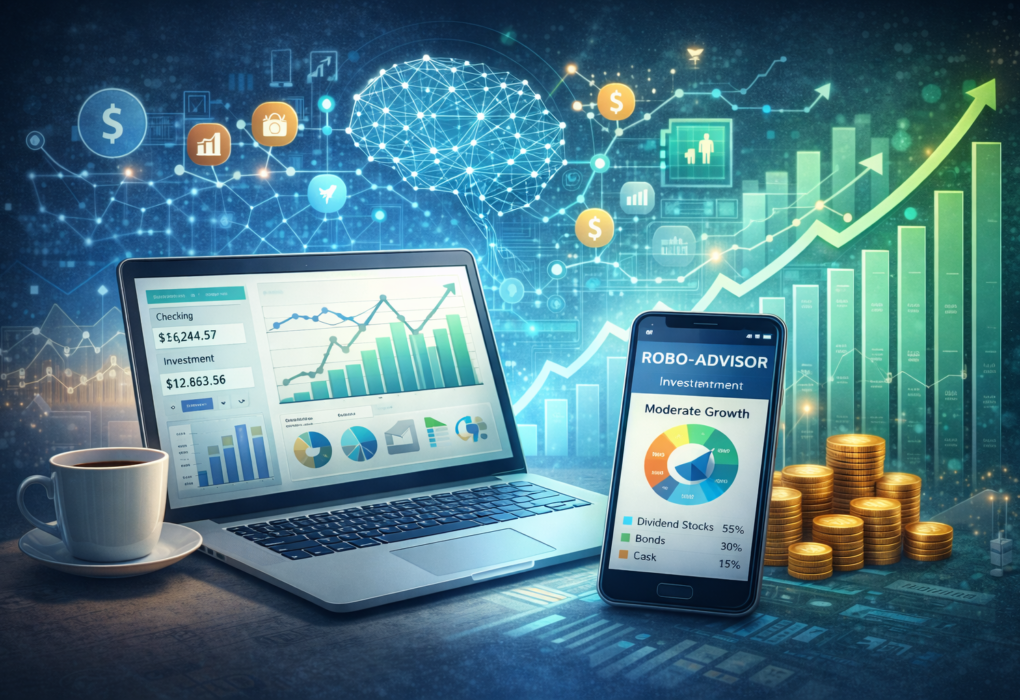 Illustration showing AI-powered personal finance and investment tools with data analytics, robo-advisors, and digital charts guiding smarter money decisions