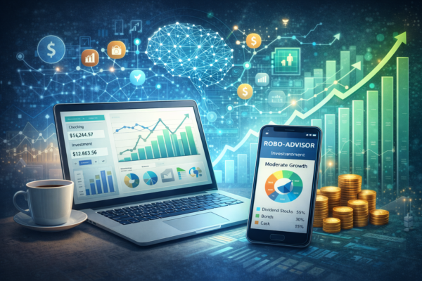 Illustration showing AI-powered personal finance and investment tools with data analytics, robo-advisors, and digital charts guiding smarter money decisions