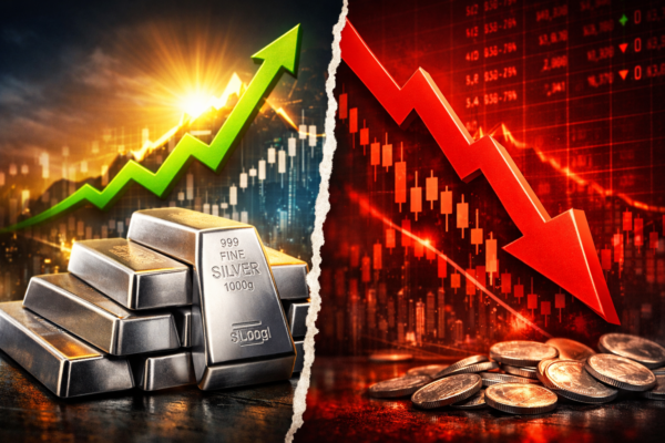 Gold bars with price chart showing record high rally followed by short-term correction