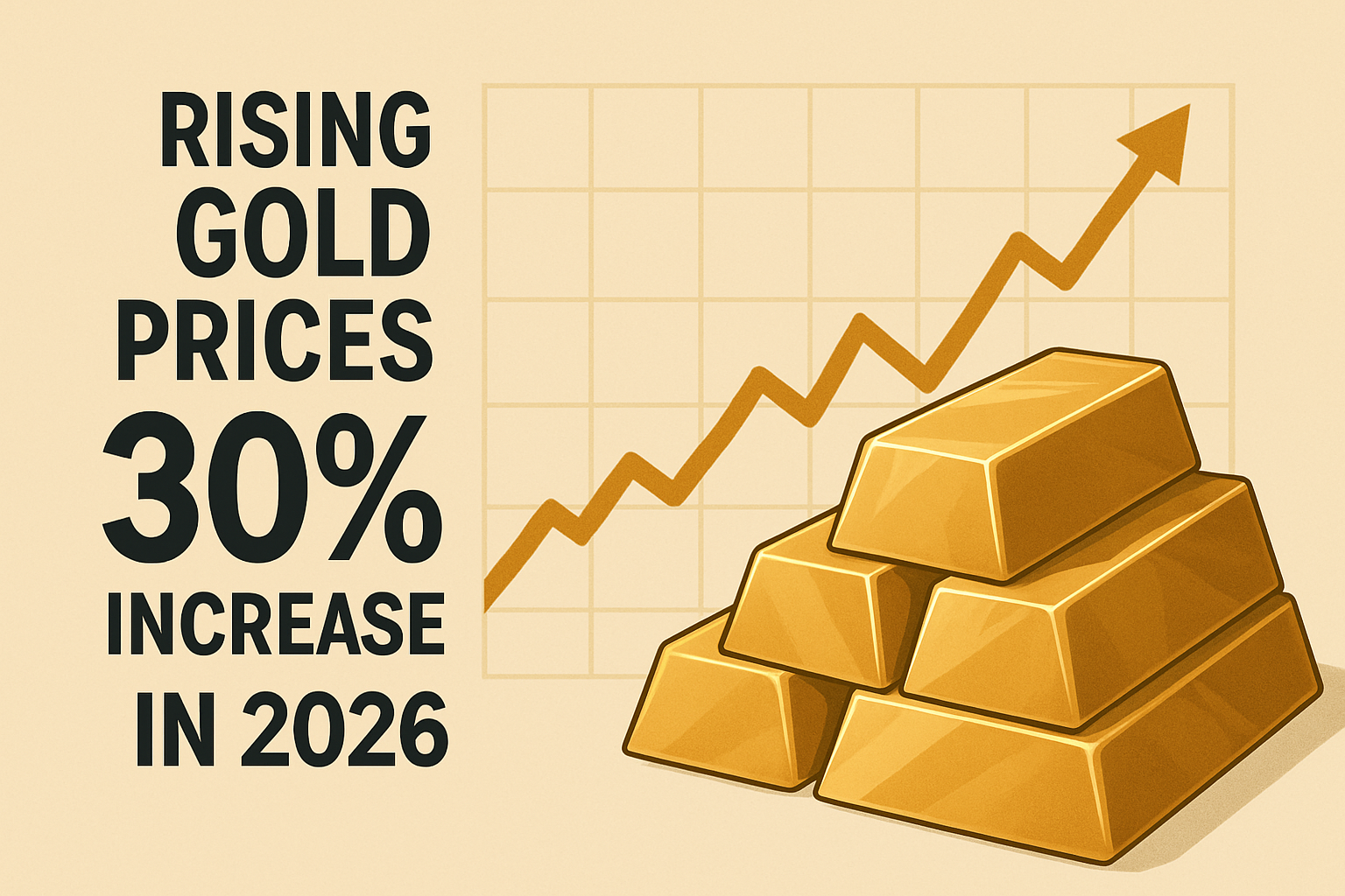 Gold bars stacked beside an upward-trending gold price chart representing a predicted 30% increase in 2026.