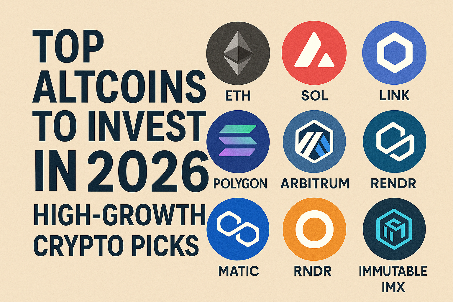 Icons of leading altcoins including Ethereum, Solana, Avalanche, Chainlink, Polygon, Arbitrum, Render, and Immutable, displayed beside bold text highlighting top altcoins to invest in for 2026.