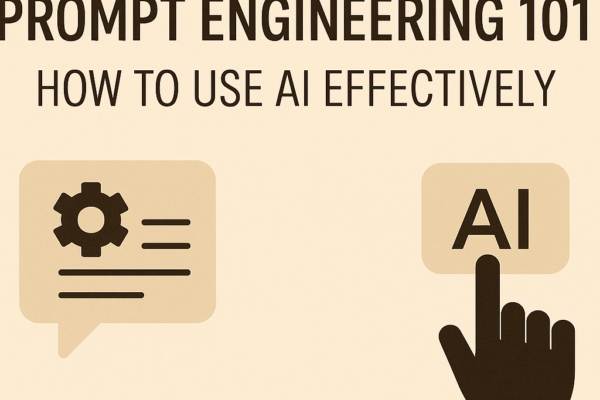 “Prompt Engineering 101” featured image showing a clean beige background with the title text and two minimal icons representing AI communication and interaction.