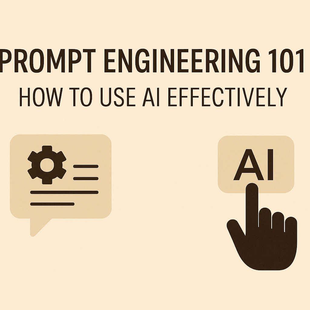 “Prompt Engineering 101” featured image showing a clean beige background with the title text and two minimal icons representing AI communication and interaction.