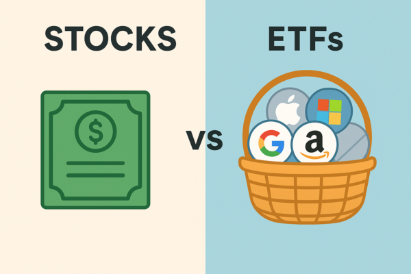Illustration comparing a single stock investment to a diversified ETF basket.
