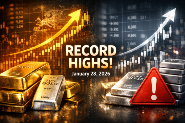 Gold and silver prices reaching record highs with rising market charts in January 2026
