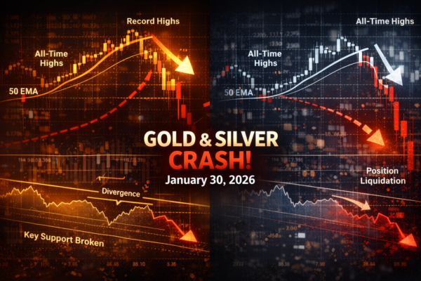Gold and silver prices crashing after record highs with technical indicators showing breakdown