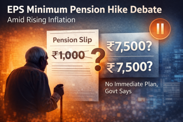 Illustration showing the debate over raising the minimum EPS pension from ₹1,000 to ₹7,500 amid rising inflation