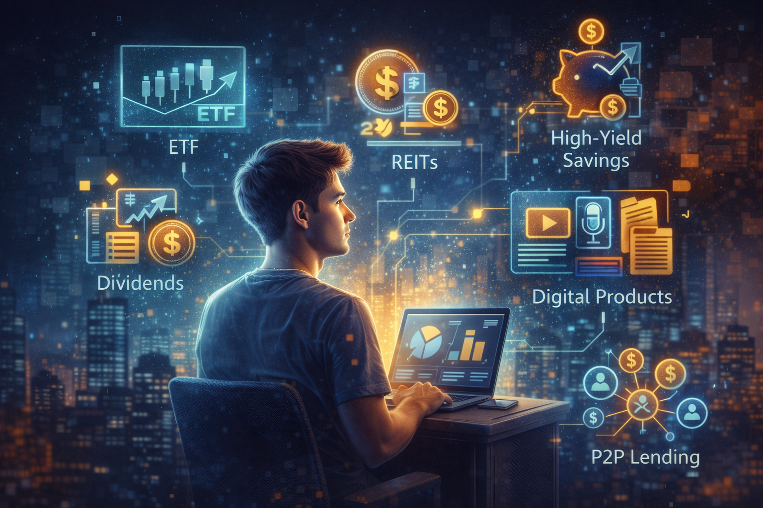 Illustration showing multiple passive income streams for people under 30 including investing and digital income
