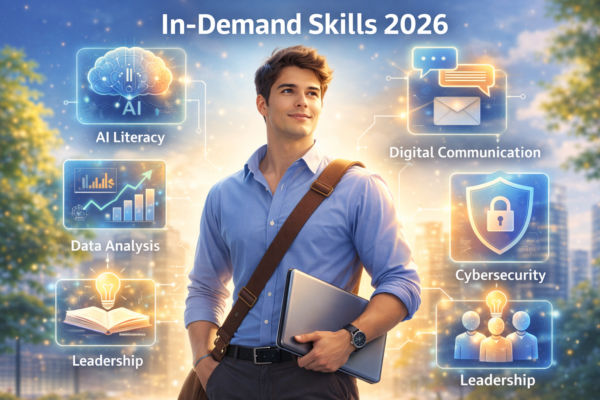 Illustration showing future-ready professional skills such as AI literacy, data analysis, communication, and leadership for 2026