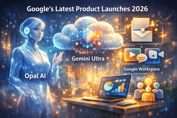Illustration showing Google’s new products Opal AI, Gemini Ultra, and AI features in Workspace