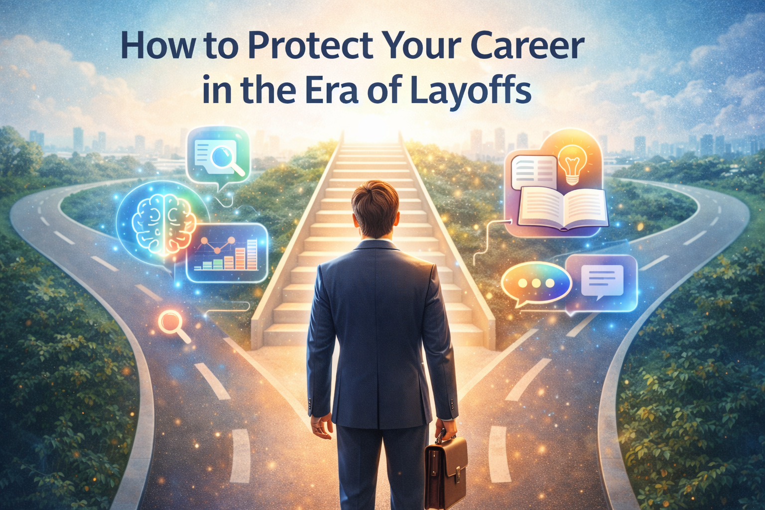 Illustration showing a professional building career resilience by learning new skills during an era of layoffs