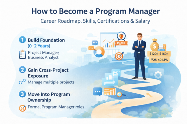 Illustration showing the roadmap to becoming a program manager including skills, experience, and career growth stages