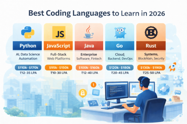 Illustration showing top programming languages to learn in 2026 for career growth and higher salary