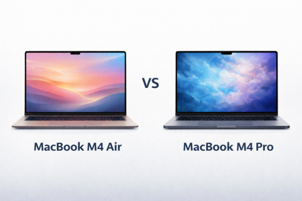 Side-by-side comparison of MacBook M4 Air and MacBook M4 Pro highlighting usage and performance differences