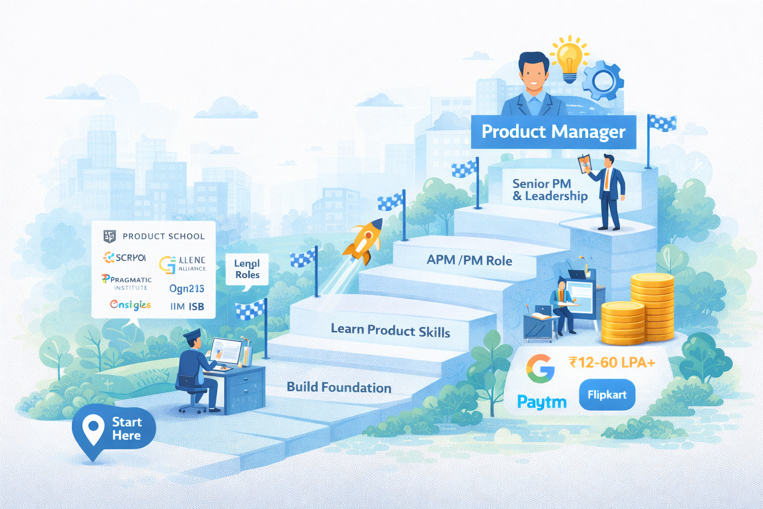 Illustration showing the roadmap to becoming a product manager in India with skills, roles, and career growth stages