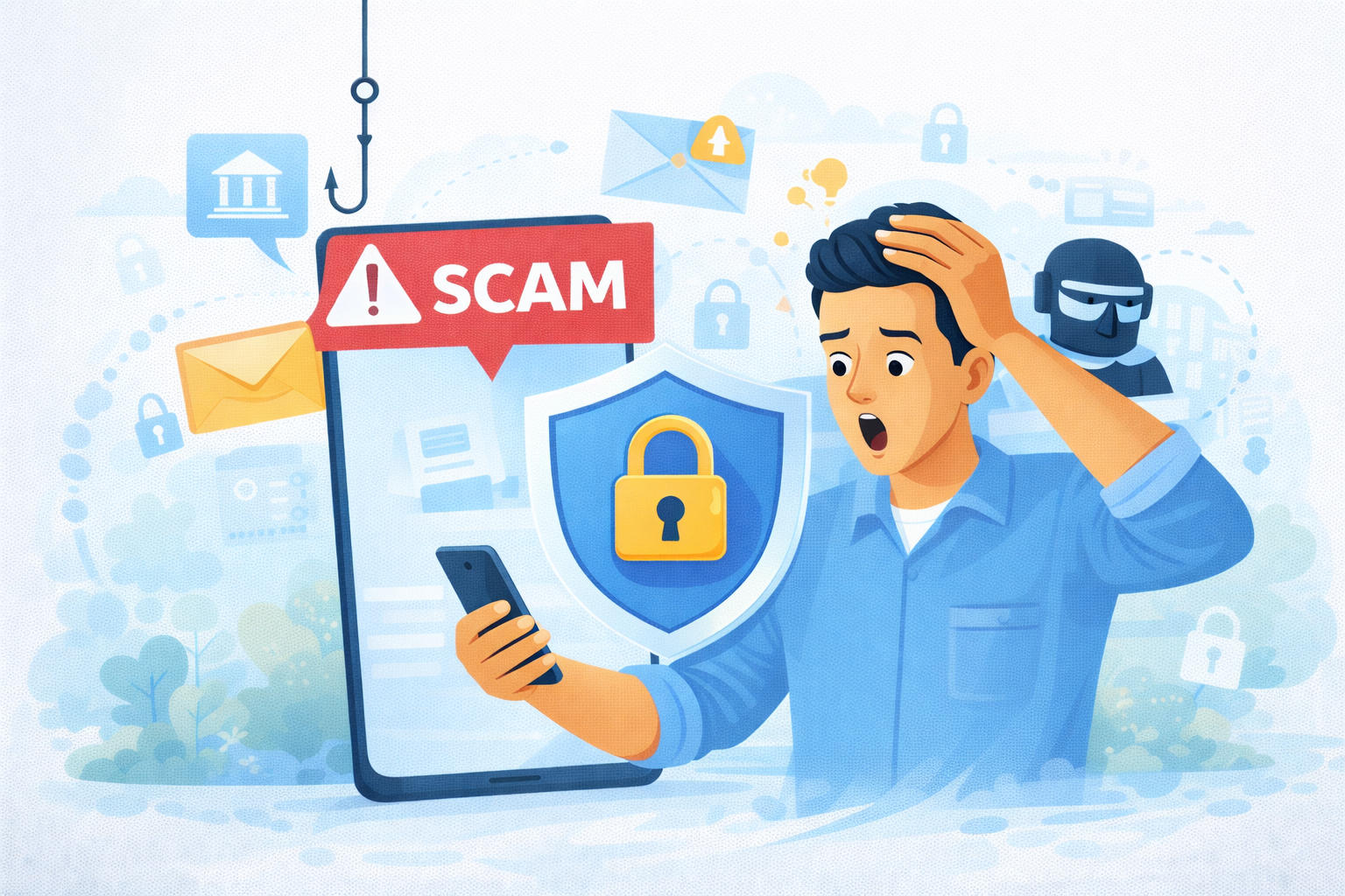 Illustration showing online scam awareness and steps to protect against digital fraud and phishing attacks
